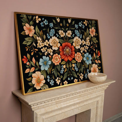William Morris Floral Canvas with Black Ground in rose gold floating frame