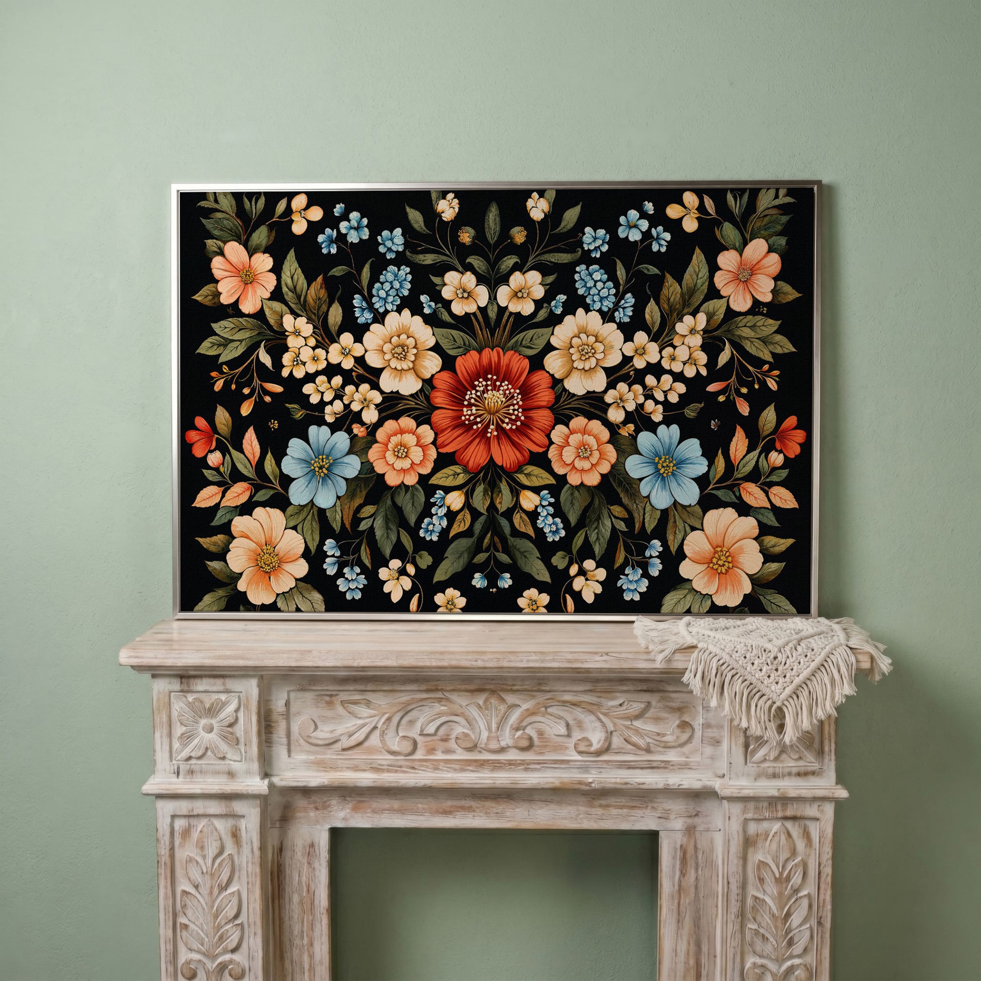 William Morris Floral Canvas with Black Ground in silver floating frame