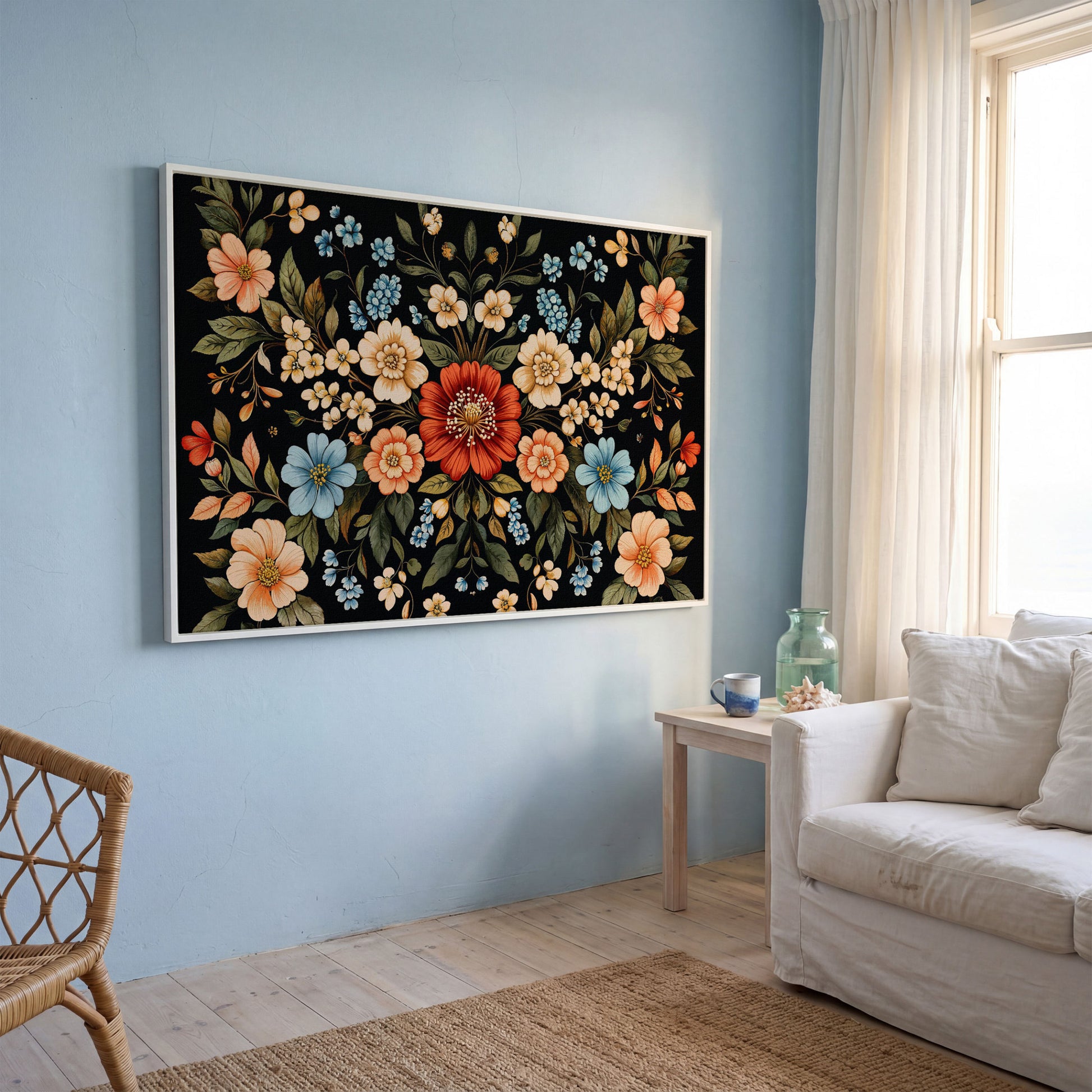William Morris Floral Canvas with Black Ground in white floating frame