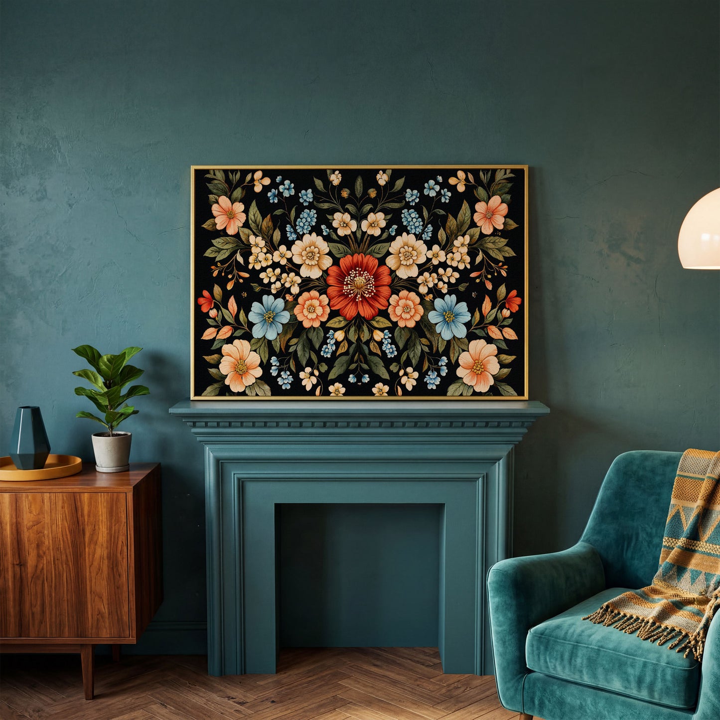 William Morris Floral Canvas with Black Ground in yellow gold floating frame