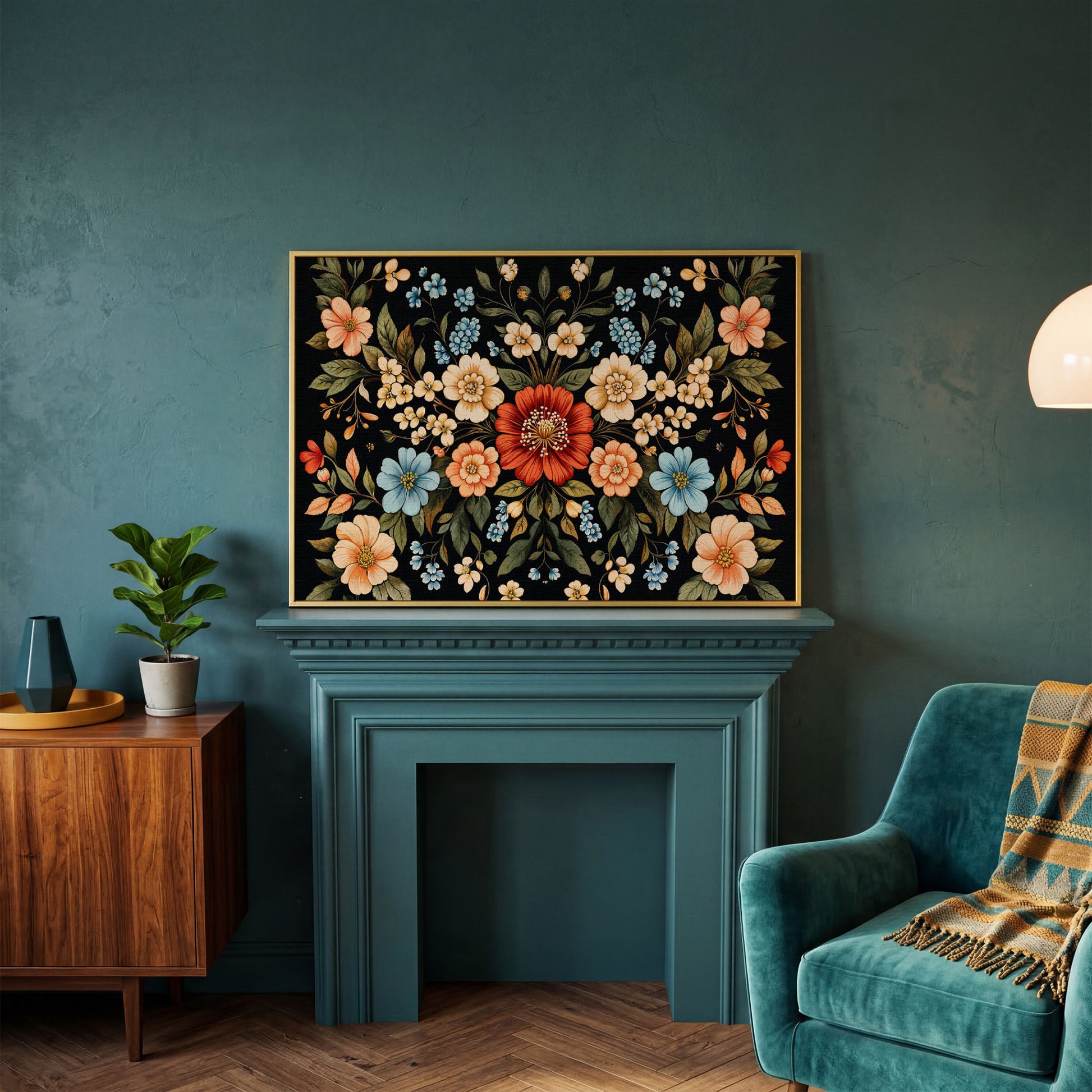 William Morris Floral Canvas with Black Ground in yellow gold floating frame