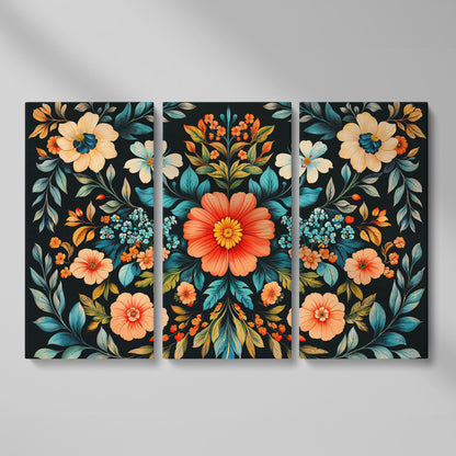 Coral & Teal Wildflower Canvas with Central Bloom as 3-panel split version