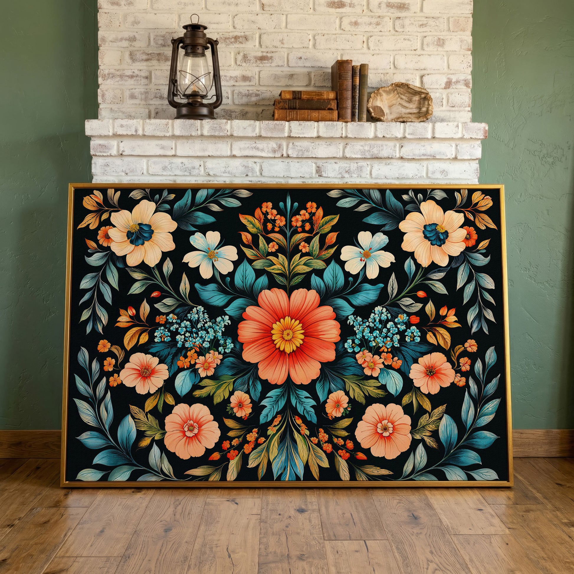 Coral & Teal Wildflower Canvas with Central Bloom in antique gold floating frame