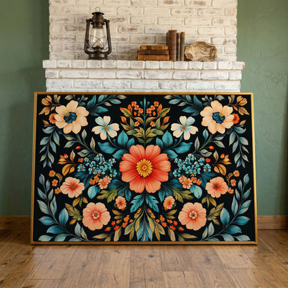 Coral & Teal Wildflower Canvas with Central Bloom in antique gold floating frame