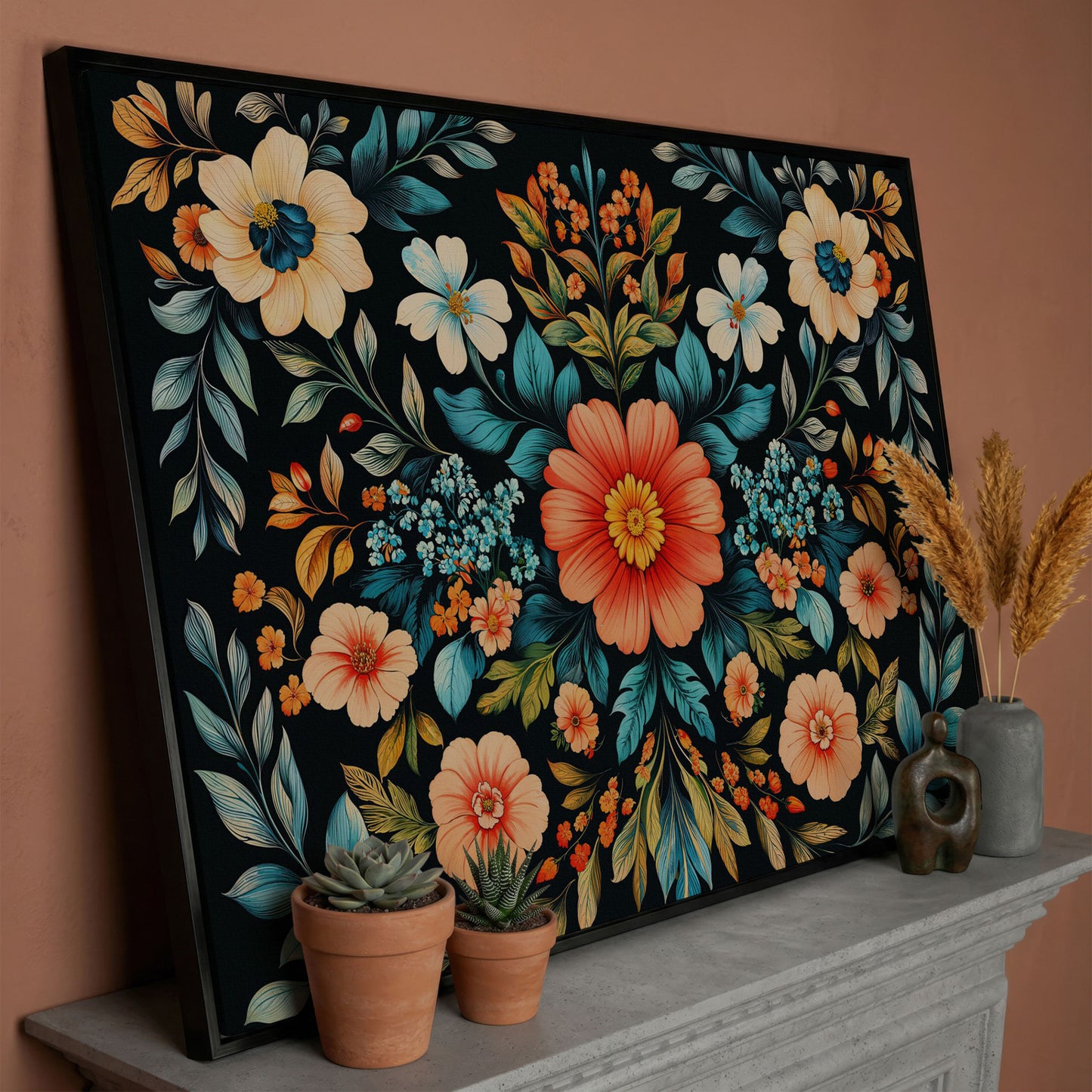 Coral & Teal Wildflower Canvas with Central Bloom in black floating frame