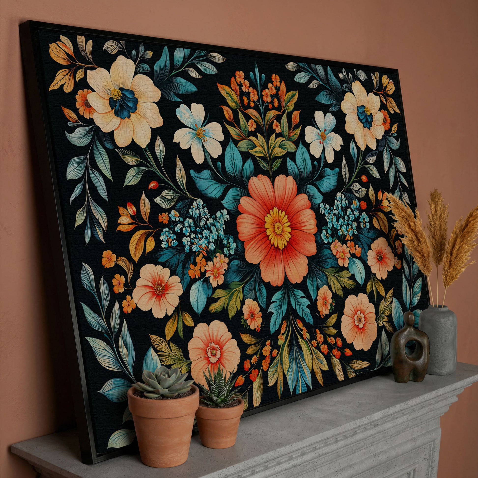Coral & Teal Wildflower Canvas with Central Bloom in black floating frame