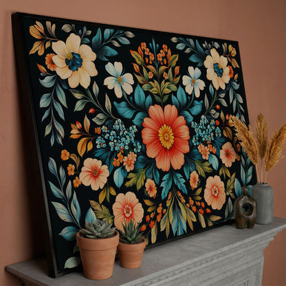 Coral & Teal Wildflower Canvas with Central Bloom in black floating frame