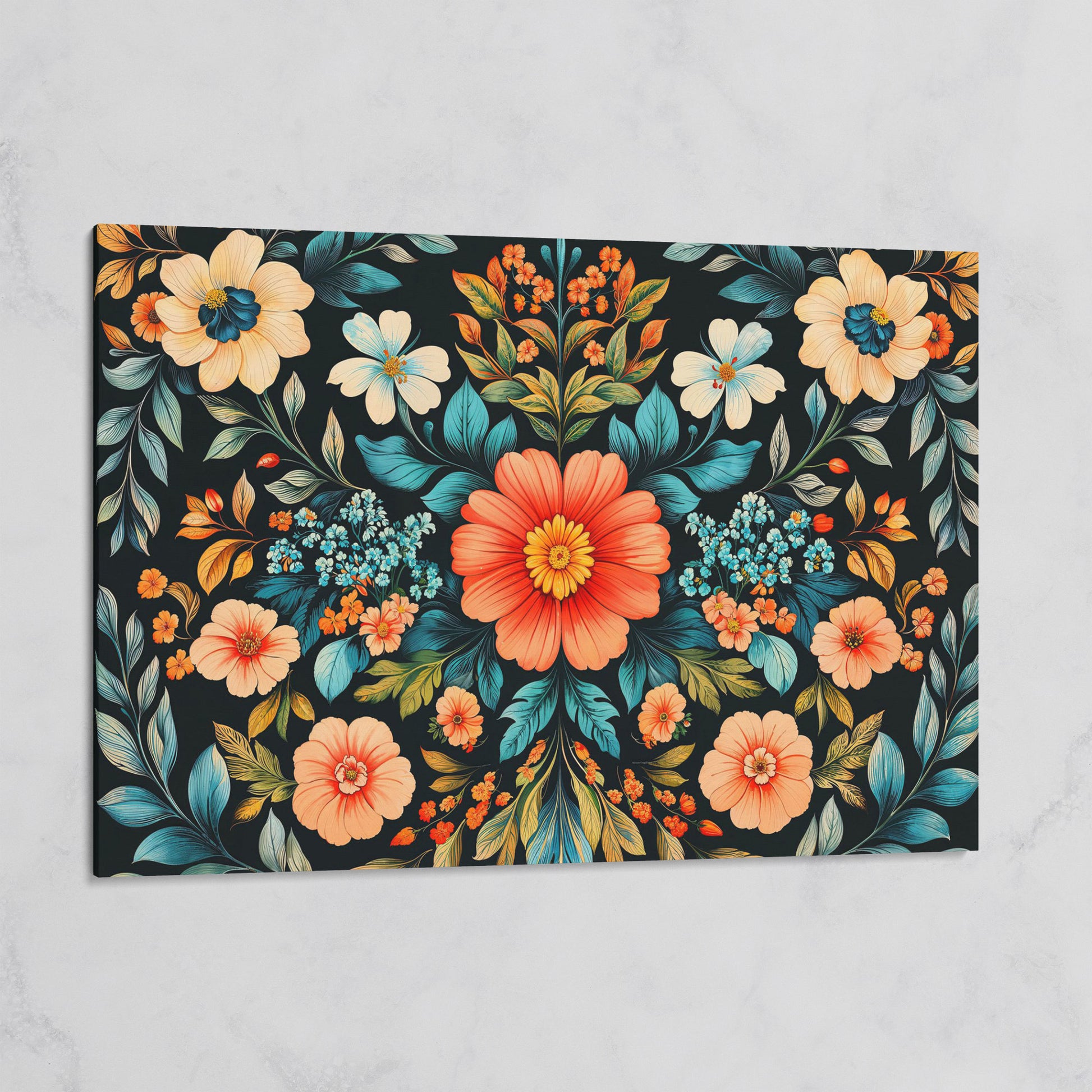 Coral & Teal Wildflower Canvas with Central Bloom on gallery wrap