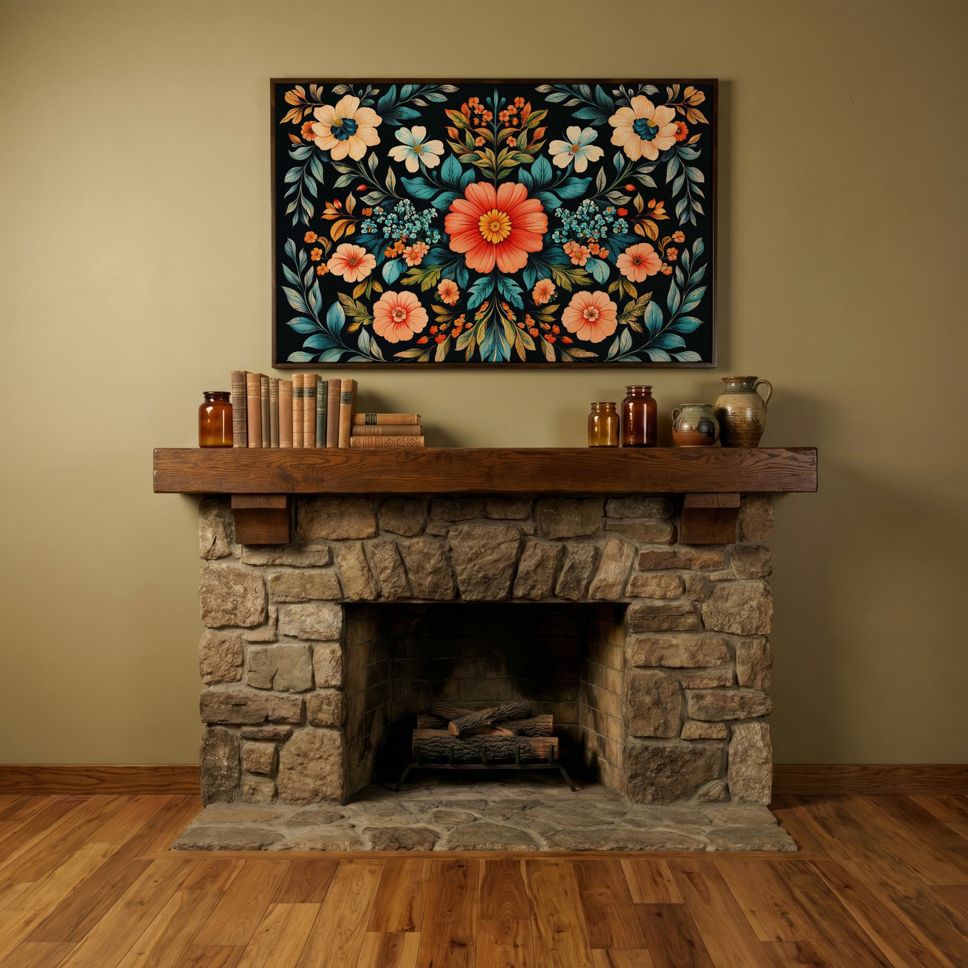 Coral & Teal Wildflower Canvas with Central Bloom in dark walnut floating frame