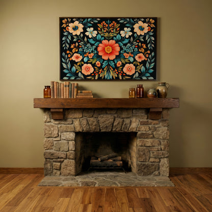 Coral & Teal Wildflower Canvas with Central Bloom in dark walnut floating frame