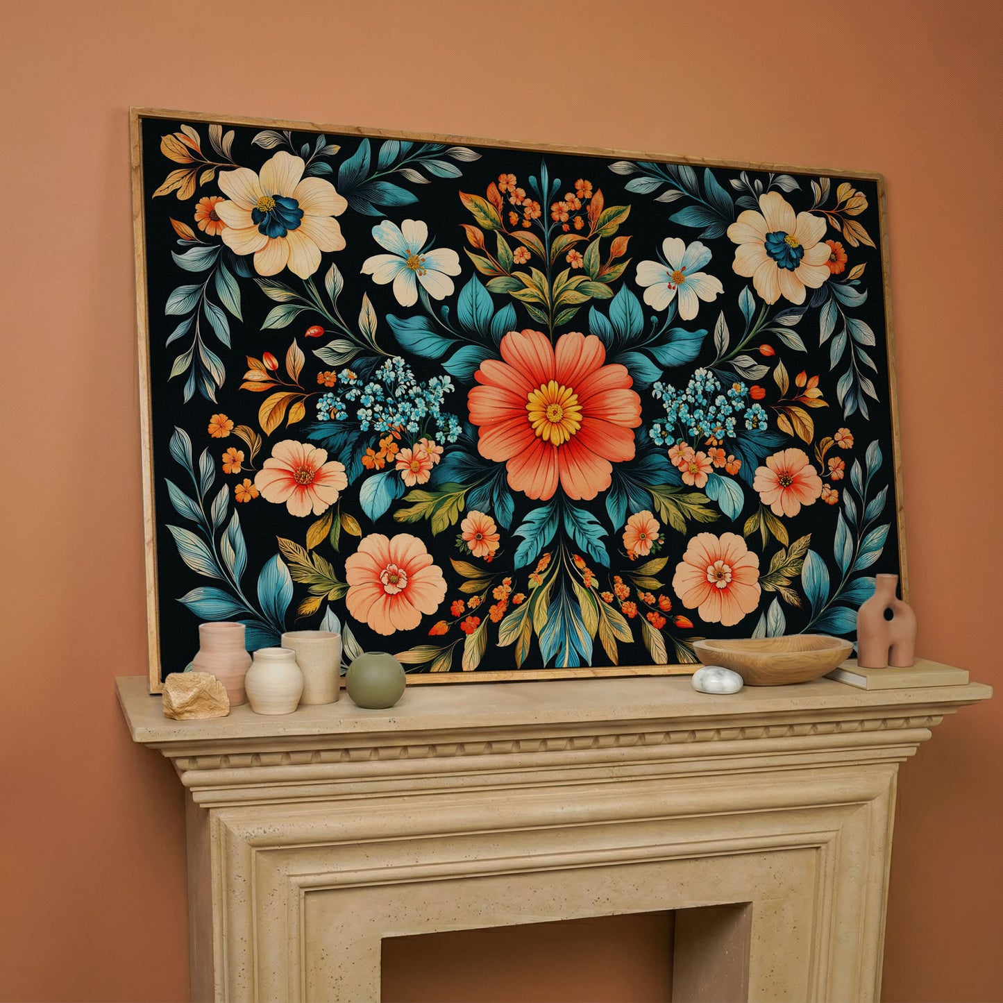 Coral & Teal Wildflower Canvas with Central Bloom in white oak floating frame