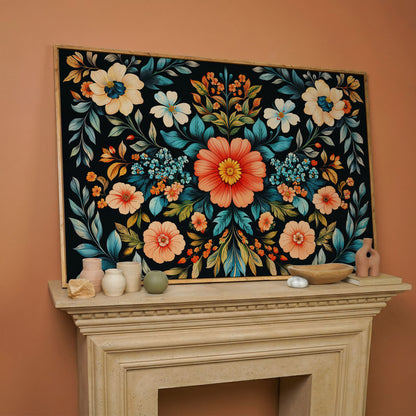Coral & Teal Wildflower Canvas with Central Bloom in white oak floating frame