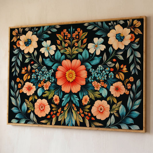 Coral & Teal Wildflower Canvas with Central Bloom shown in white oak floating frame