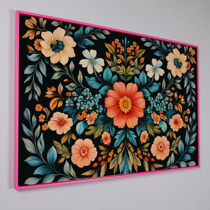 Coral & Teal Wildflower Canvas with Central Bloom in pink floating frame
