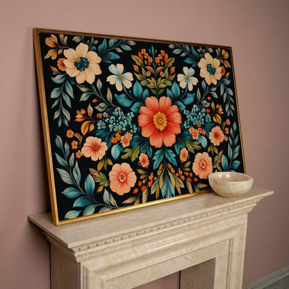 Coral & Teal Wildflower Canvas with Central Bloom in rose gold floating frame