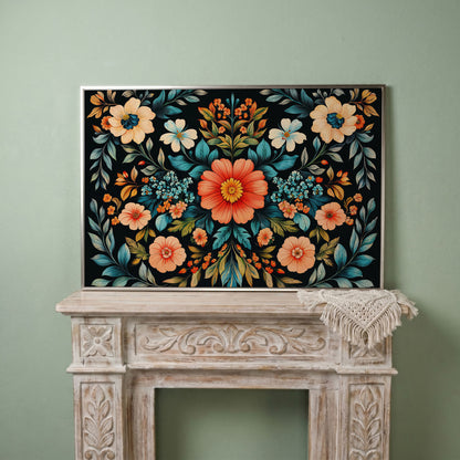 Coral & Teal Wildflower Canvas with Central Bloom in silver floating frame