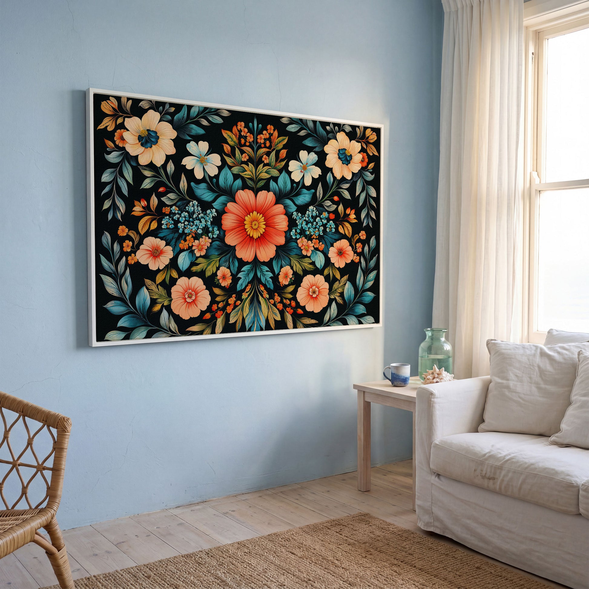 Coral & Teal Wildflower Canvas with Central Bloom in white floating frame