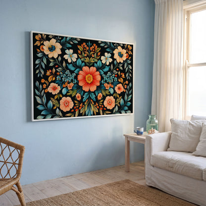 Coral & Teal Wildflower Canvas with Central Bloom in white floating frame