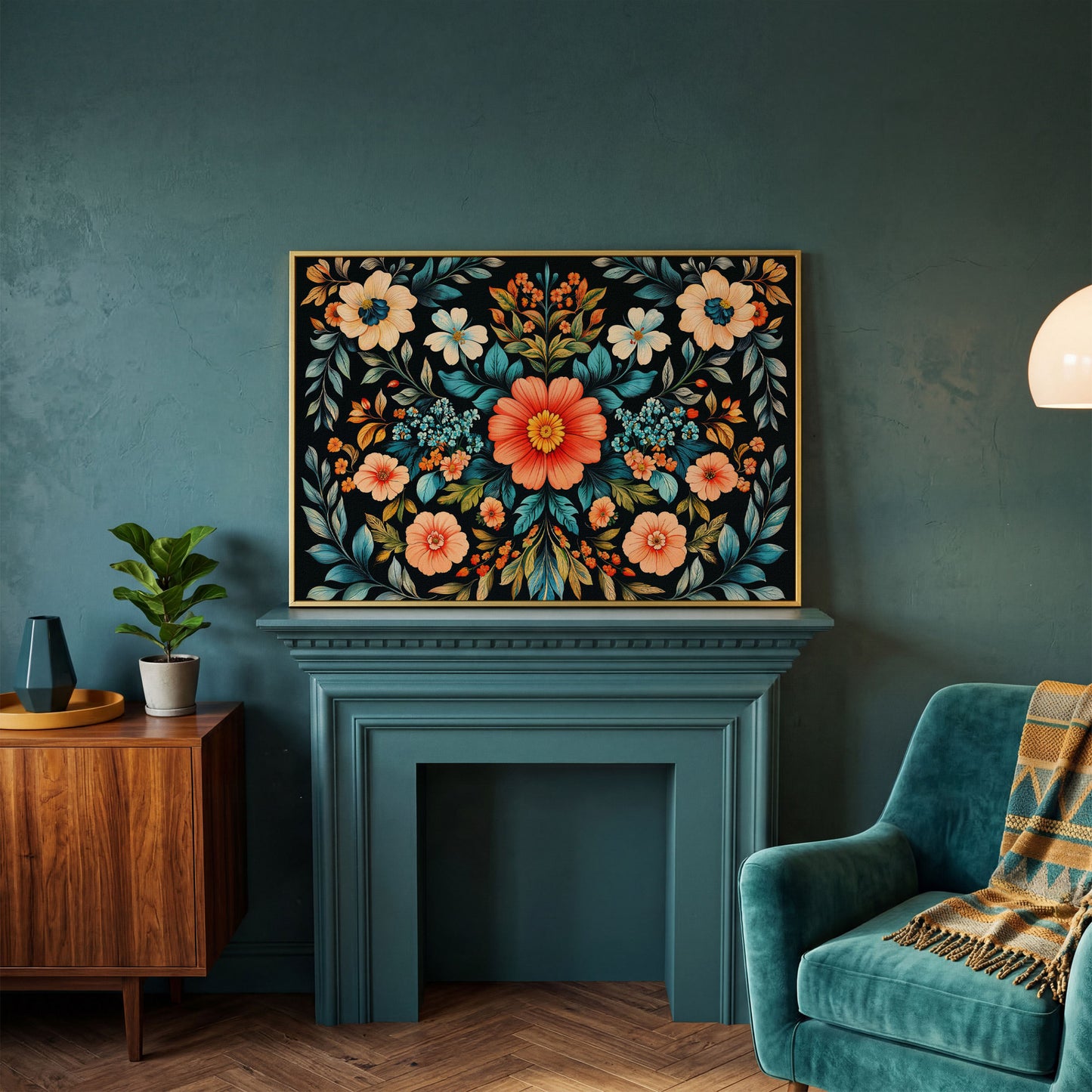 Coral & Teal Wildflower Canvas with Central Bloom in yellow gold floating frame