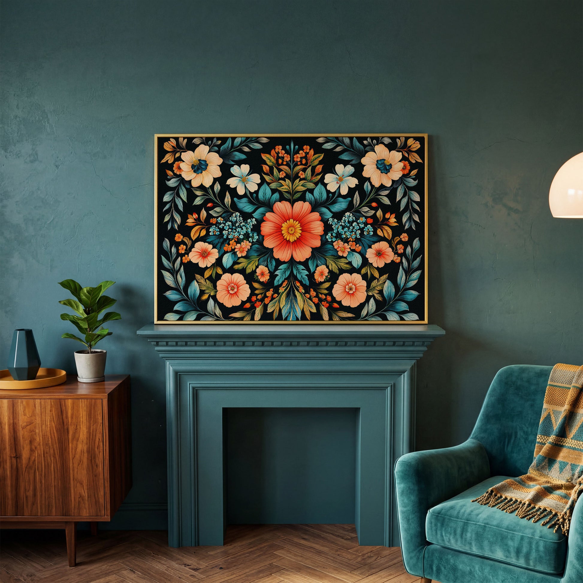 Coral & Teal Wildflower Canvas with Central Bloom in yellow gold floating frame