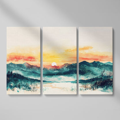 Layered Mountain Sunset Canvas Art with Reflected Water as 3-panel split version
