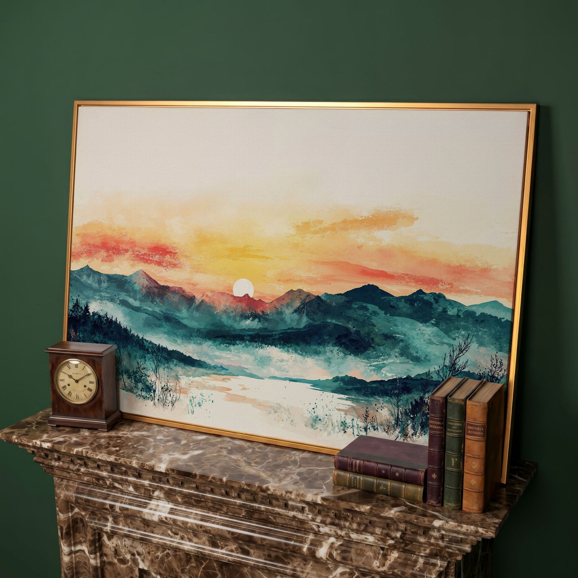 Layered Mountain Sunset Canvas Art with Reflected Water in antique gold floating frame