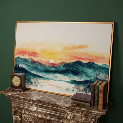 Layered Mountain Sunset Canvas Art with Reflected Water in antique gold floating frame