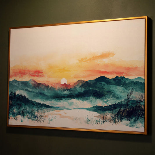 Layered Mountain Sunset Canvas Art with Reflected Water shown in antique gold floating frame