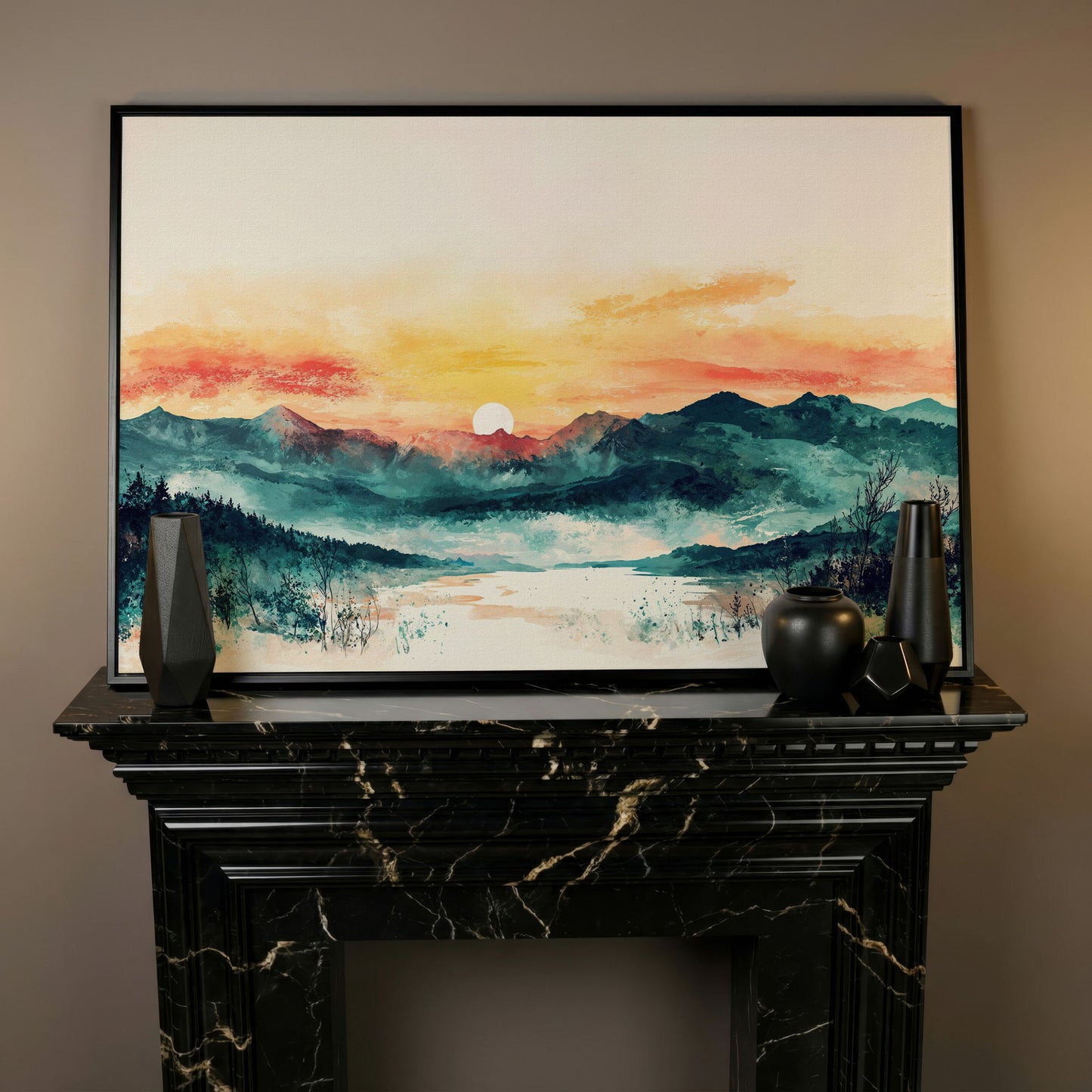 Layered Mountain Sunset Canvas Art with Reflected Water in black floating frame