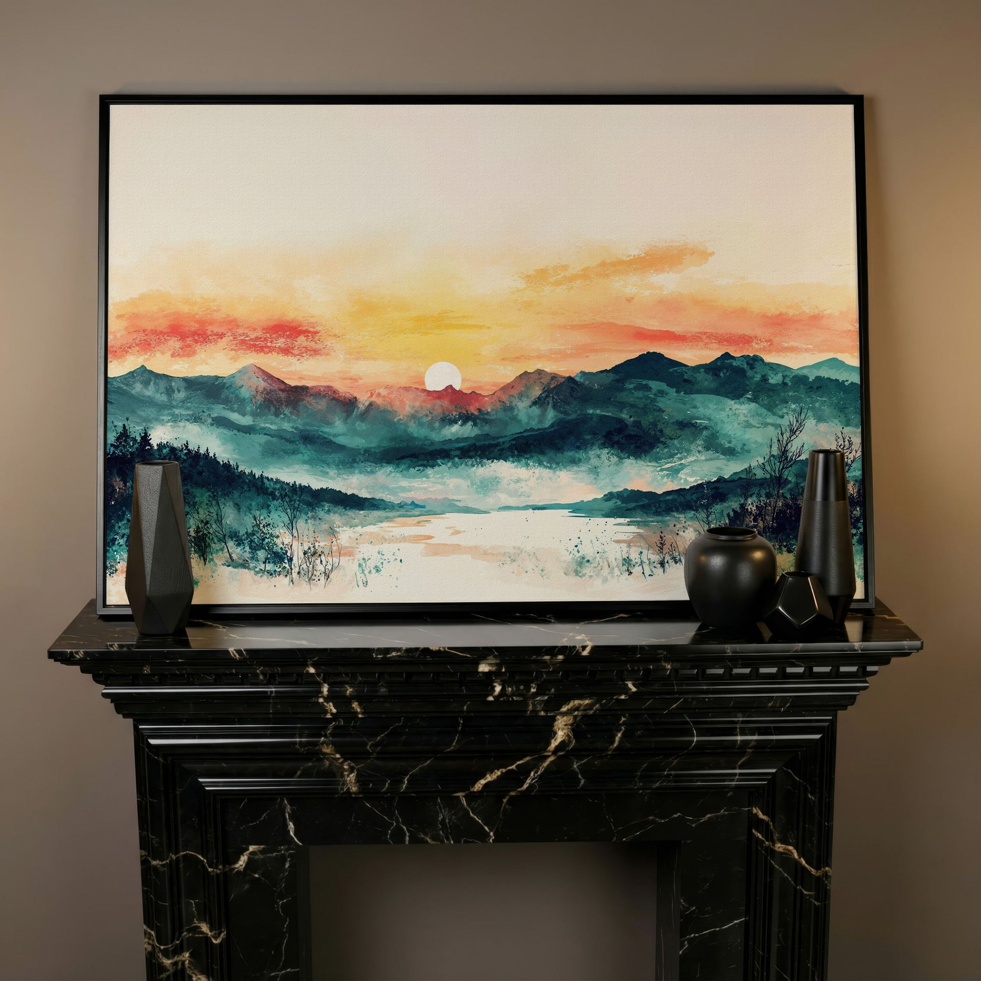 Layered Mountain Sunset Canvas Art with Reflected Water in black floating frame