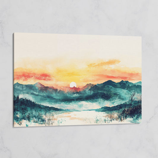 Layered Mountain Sunset Canvas Art with Reflected Water on gallery wrap