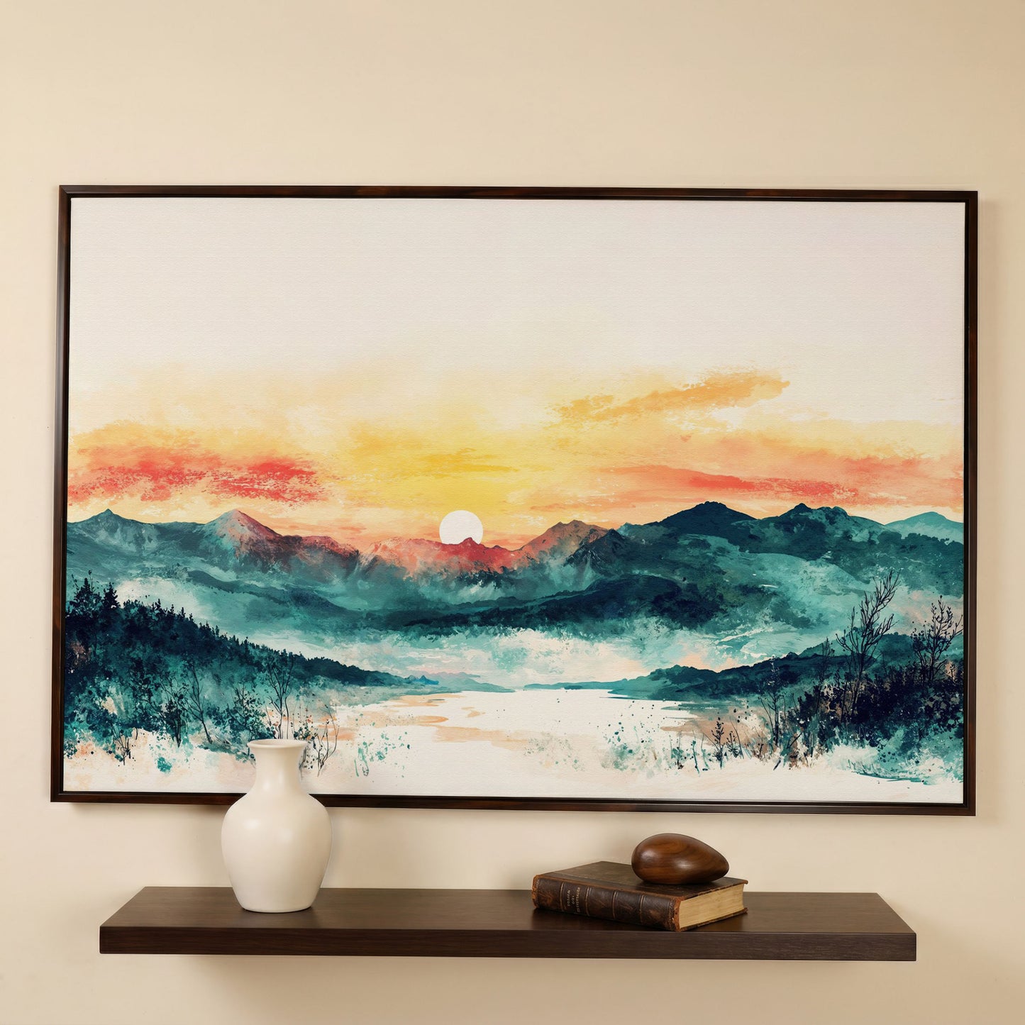 Layered Mountain Sunset Canvas Art with Reflected Water in dark walnut floating frame