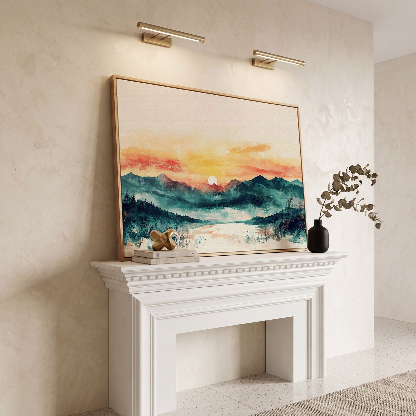 Layered Mountain Sunset Canvas Art with Reflected Water in white oak floating frame