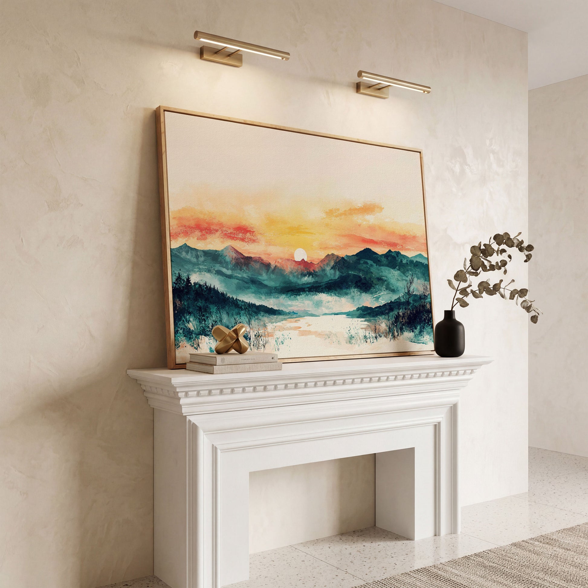 Layered Mountain Sunset Canvas Art with Reflected Water in white oak floating frame