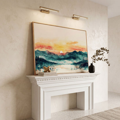 Layered Mountain Sunset Canvas Art with Reflected Water in white oak floating frame