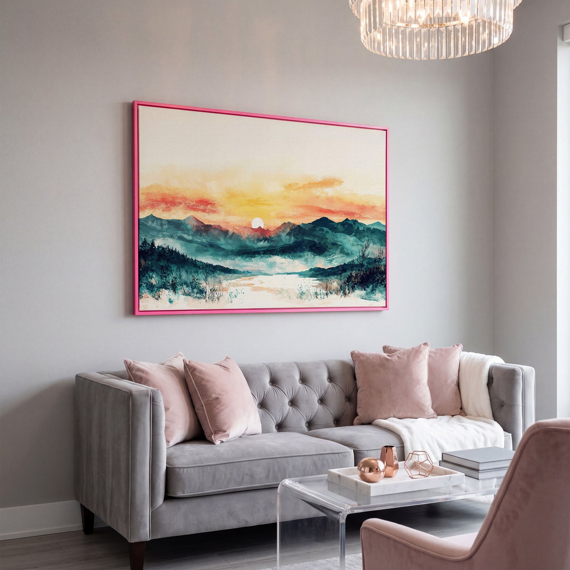 Layered Mountain Sunset Canvas Art with Reflected Water in pink floating frame