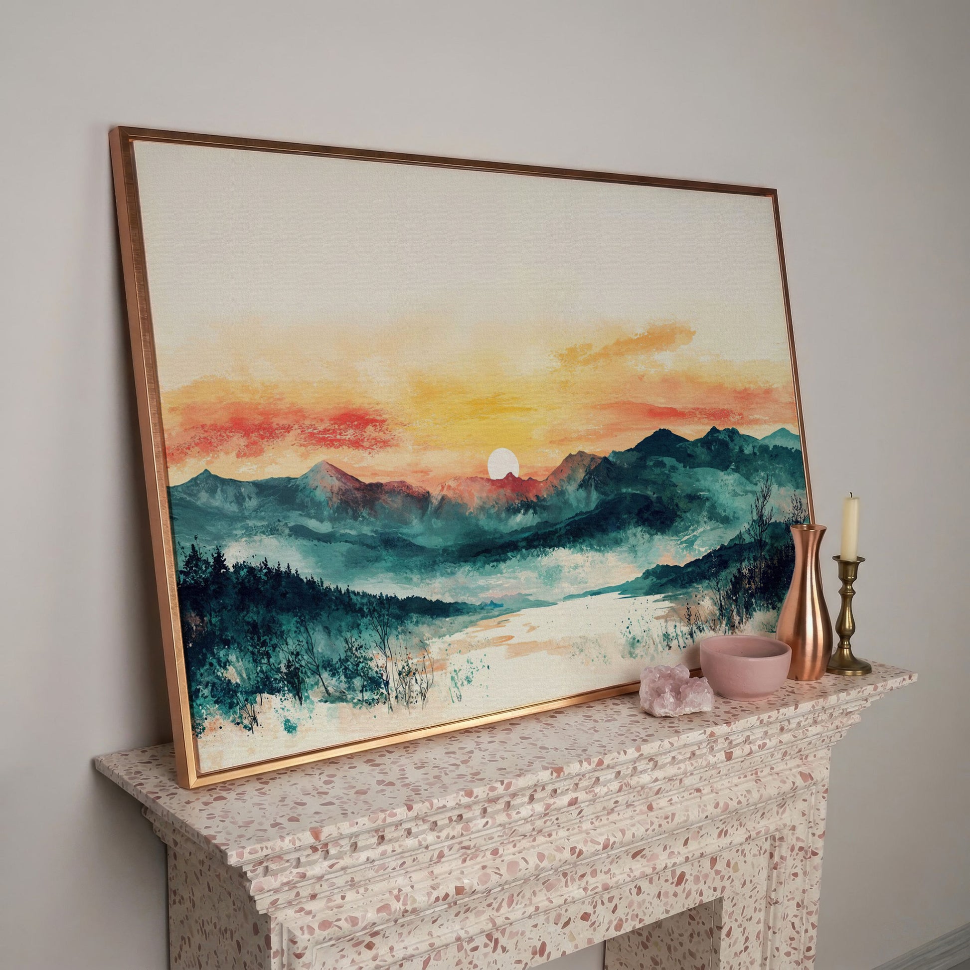 Layered Mountain Sunset Canvas Art with Reflected Water in rose gold floating frame