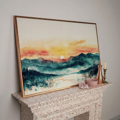 Layered Mountain Sunset Canvas Art with Reflected Water in rose gold floating frame