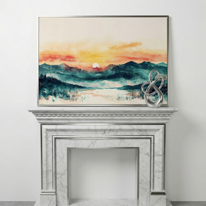 Layered Mountain Sunset Canvas Art with Reflected Water in silver floating frame