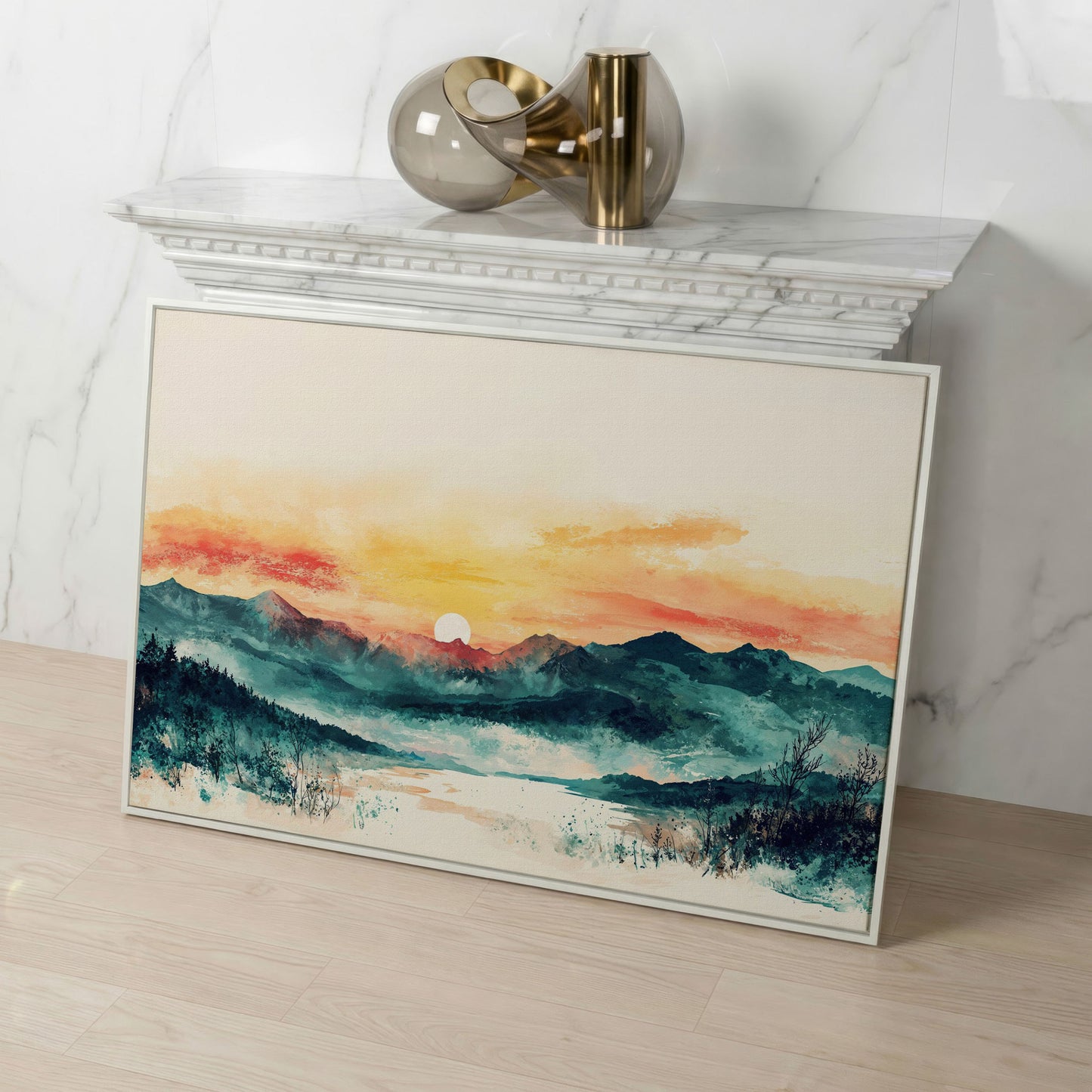 Layered Mountain Sunset Canvas Art with Reflected Water in white floating frame