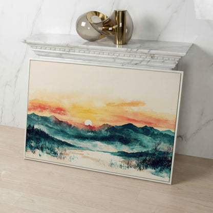 Layered Mountain Sunset Canvas Art with Reflected Water in white floating frame