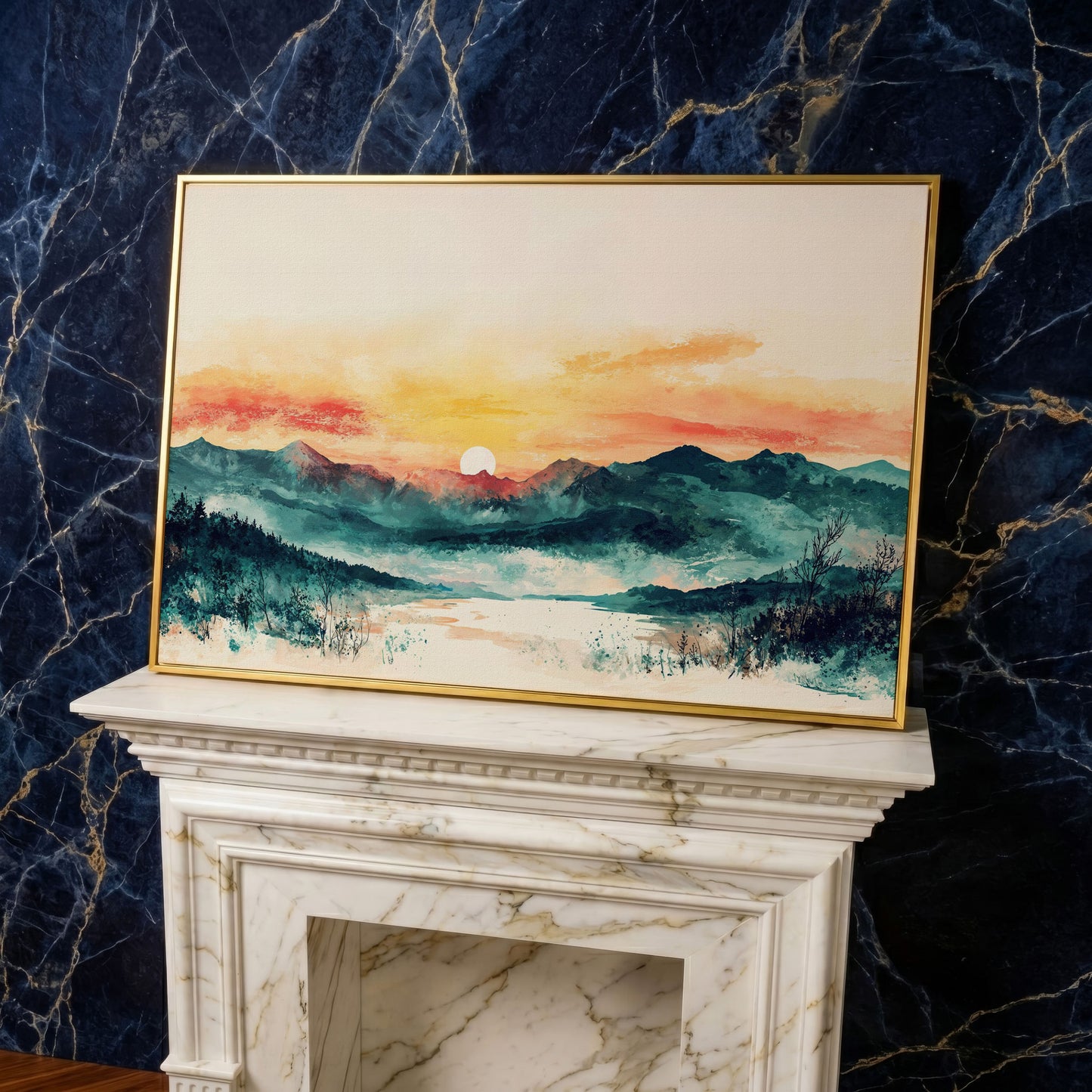 Layered Mountain Sunset Canvas Art with Reflected Water in yellow gold floating frame