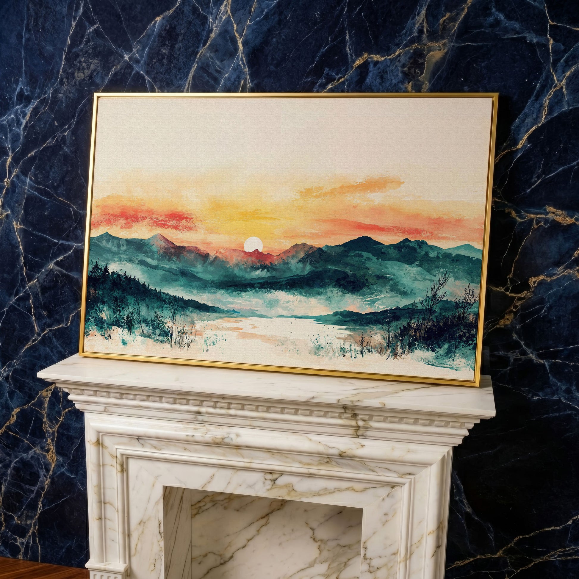 Layered Mountain Sunset Canvas Art with Reflected Water in yellow gold floating frame