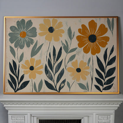 Daisy Floral Canvas Wall Art, Stylized Botanical Print in antique gold floating frame
