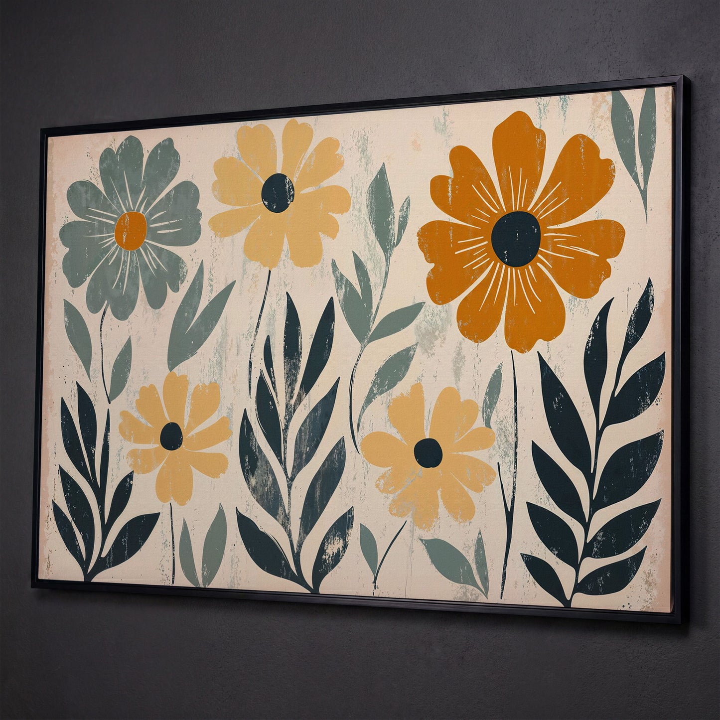 Daisy Floral Canvas Wall Art, Stylized Botanical Print shown in black floating frame