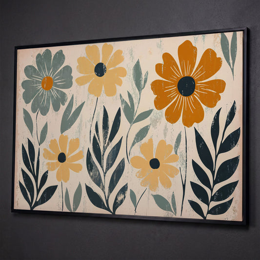 Daisy Floral Canvas Wall Art, Stylized Botanical Print shown in black floating frame