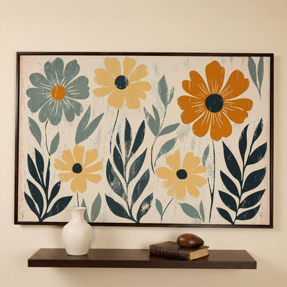 Daisy Floral Canvas Wall Art, Stylized Botanical Print in dark walnut floating frame