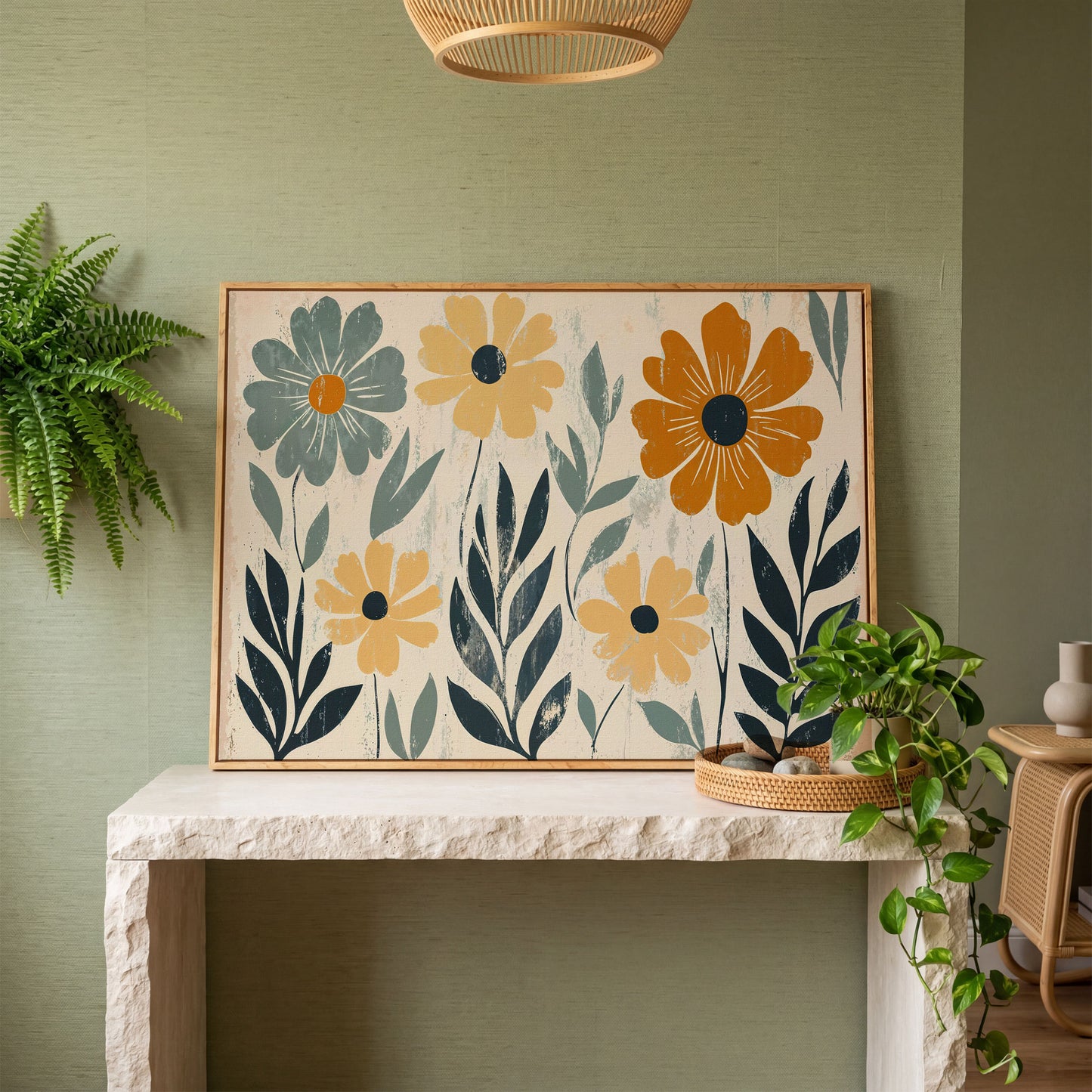 Daisy Floral Canvas Wall Art, Stylized Botanical Print in white oak floating frame