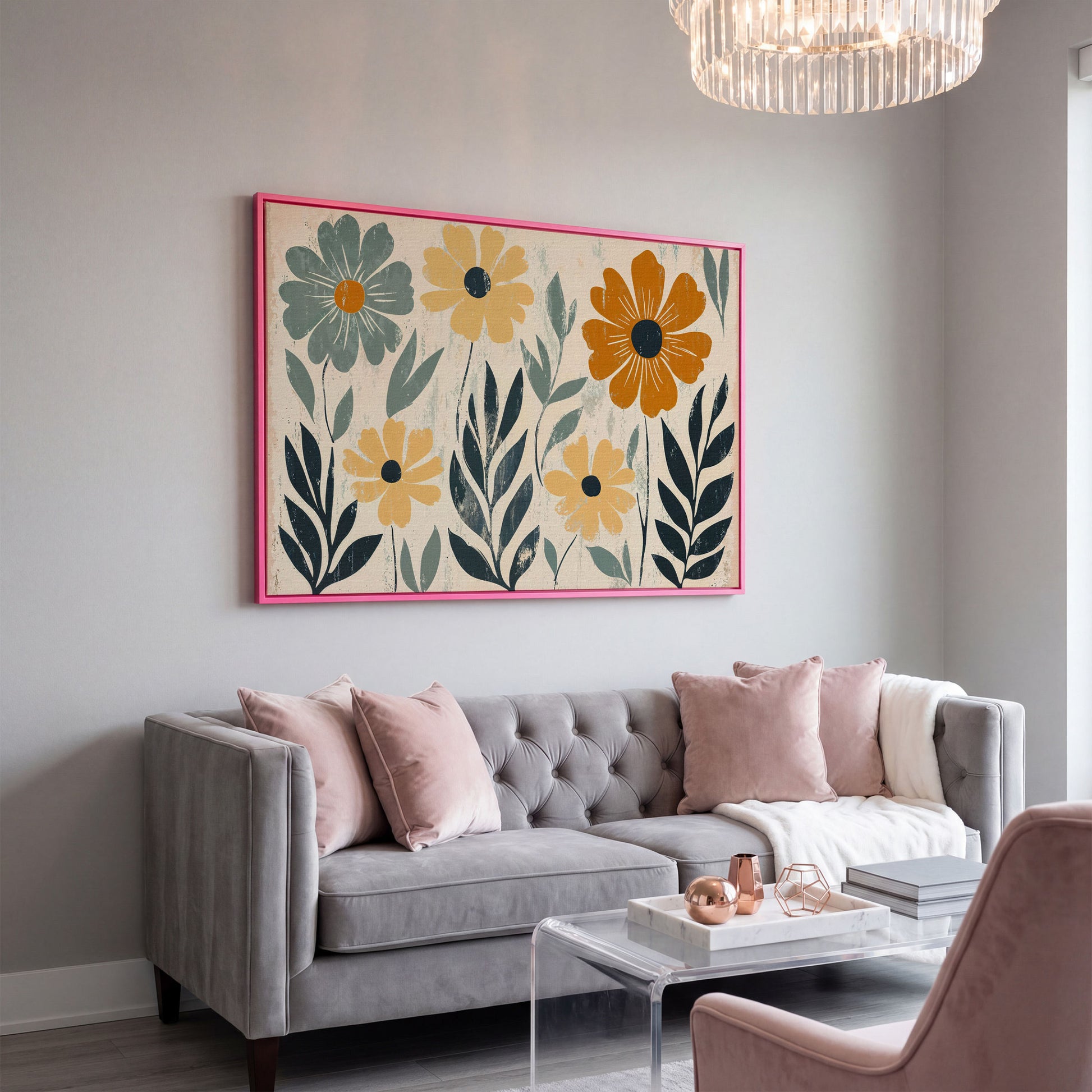 Daisy Floral Canvas Wall Art, Stylized Botanical Print in pink floating frame