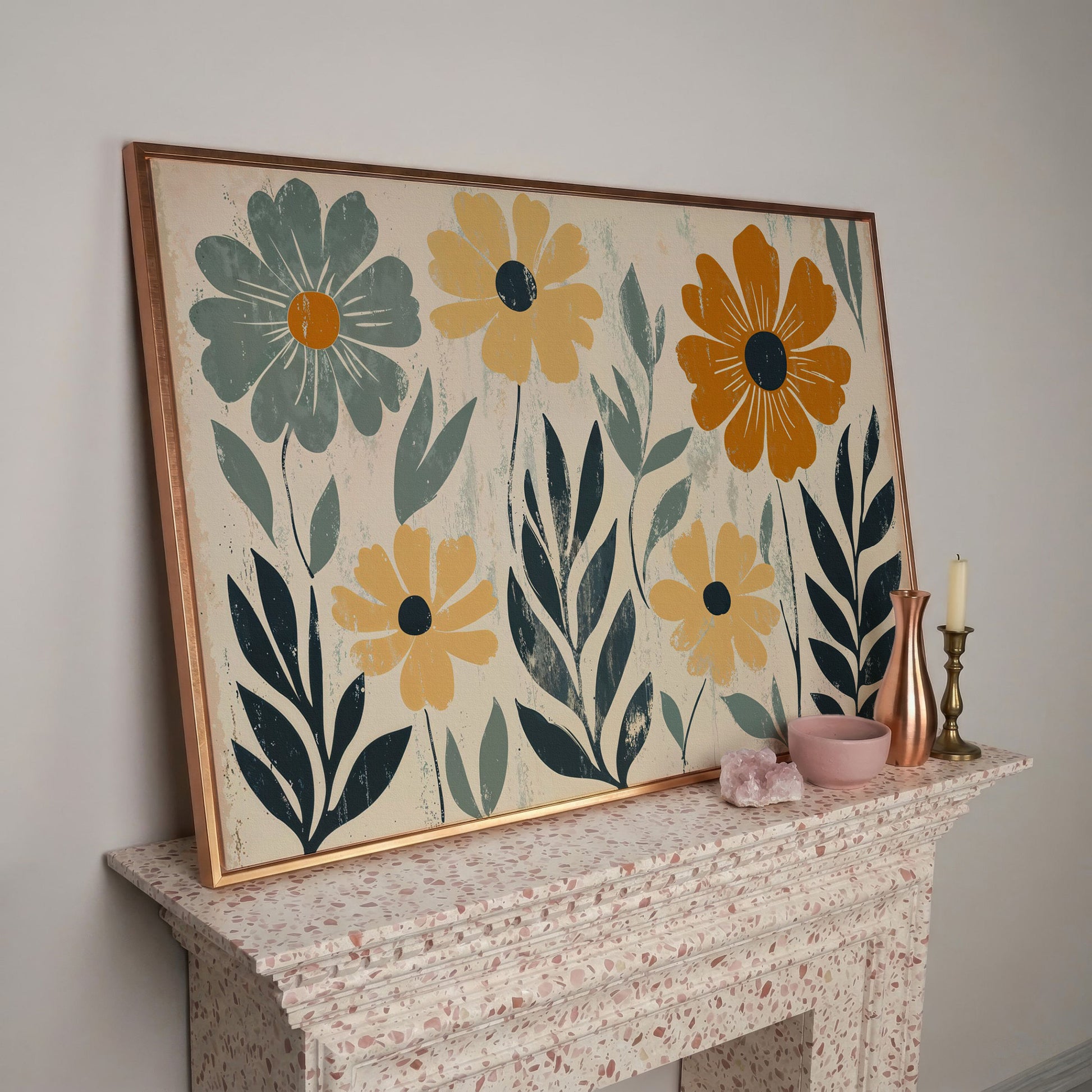 Daisy Floral Canvas Wall Art, Stylized Botanical Print in rose gold floating frame